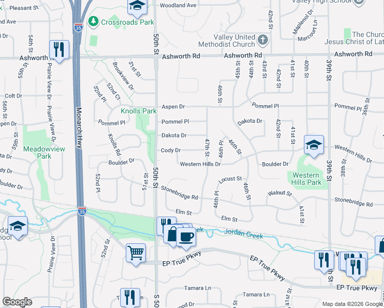 map of restaurants, bars, coffee shops, grocery stores, and more near 4712 Cody Drive in West Des Moines