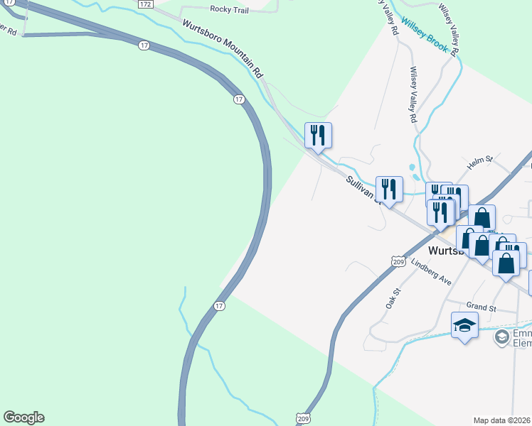 map of restaurants, bars, coffee shops, grocery stores, and more near New York 17 in Wurtsboro