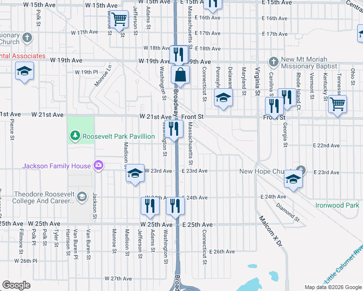 map of restaurants, bars, coffee shops, grocery stores, and more near 2201 Broadway in Gary