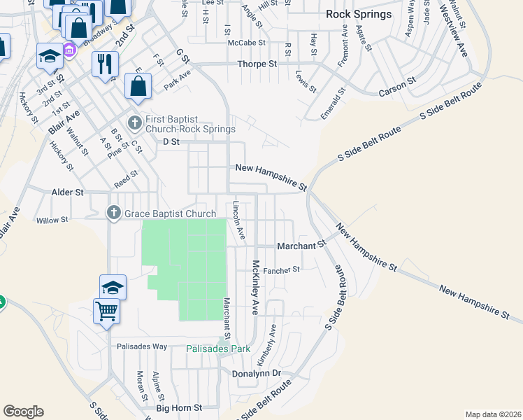 map of restaurants, bars, coffee shops, grocery stores, and more near 931 McKinley Ave in Rock Springs