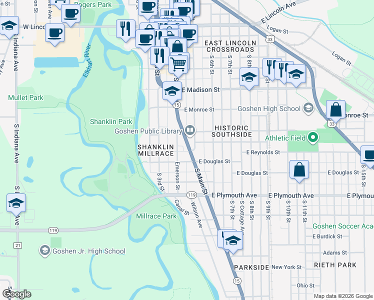 map of restaurants, bars, coffee shops, grocery stores, and more near 621 Indiana 15 in Goshen