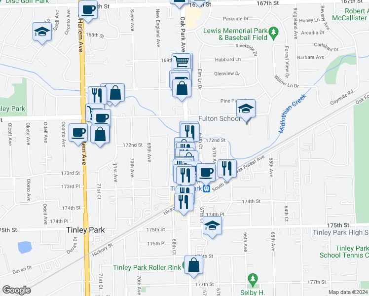 map of restaurants, bars, coffee shops, grocery stores, and more near 17214 Oak Park Avenue in Tinley Park