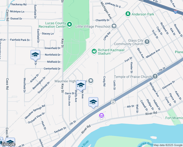map of restaurants, bars, coffee shops, grocery stores, and more near 1147 Saco Street in Maumee