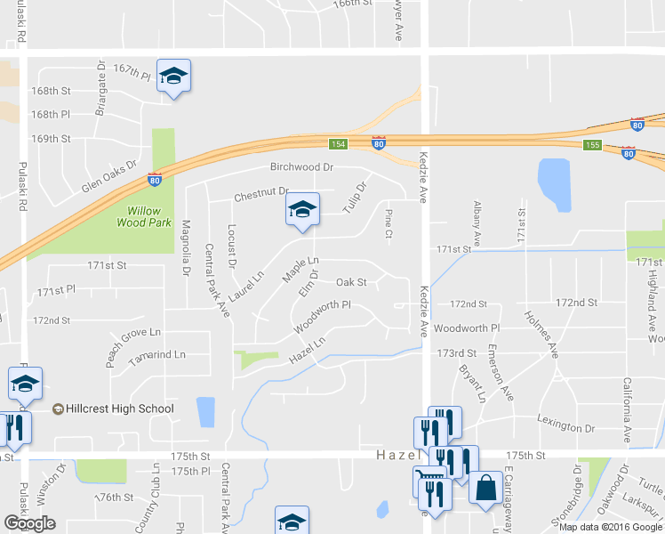 map of restaurants, bars, coffee shops, grocery stores, and more near 3319 Maple Lane in Hazel Crest