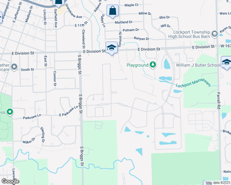 map of restaurants, bars, coffee shops, grocery stores, and more near 17340 Lucerne Court in Lockport