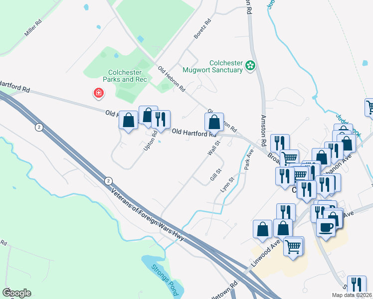 map of restaurants, bars, coffee shops, grocery stores, and more near 111 Old Hartford Road in Colchester