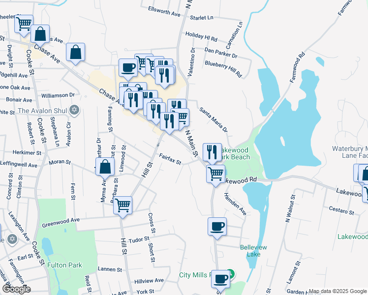 map of restaurants, bars, coffee shops, grocery stores, and more near 37 Chase Avenue in Waterbury