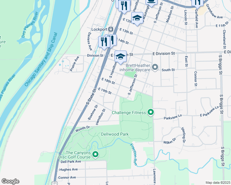 map of restaurants, bars, coffee shops, grocery stores, and more near 1823 South Washington Street in Lockport