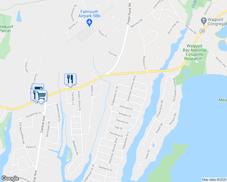 map of restaurants, bars, coffee shops, grocery stores, and more near 33 Edgewater Drive West in Falmouth