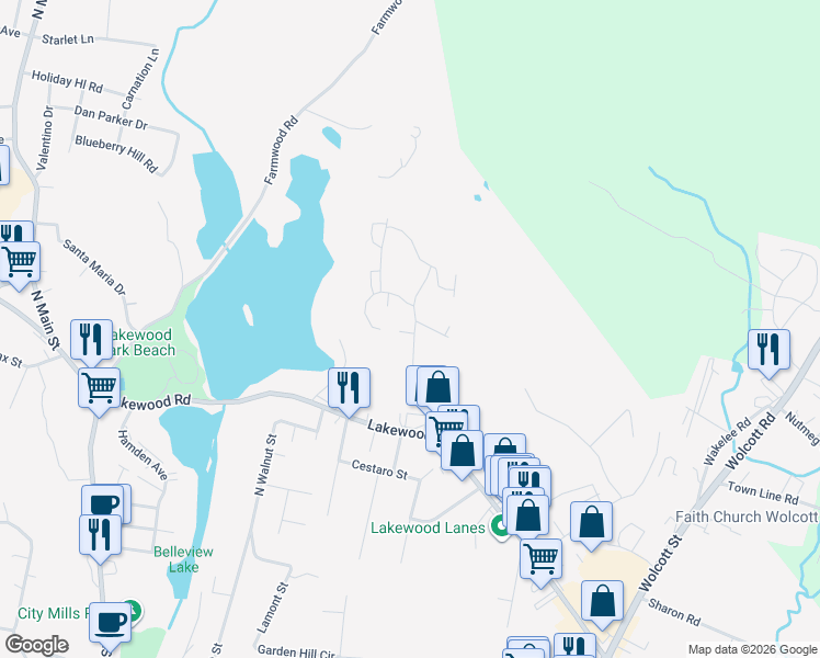 map of restaurants, bars, coffee shops, grocery stores, and more near 111 Grilleytown Road in Waterbury