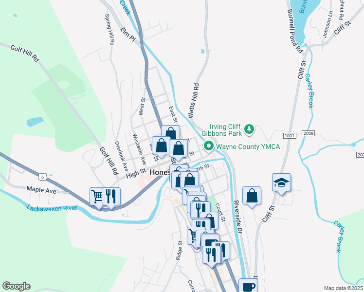 map of restaurants, bars, coffee shops, grocery stores, and more near 302 13th Street in Honesdale