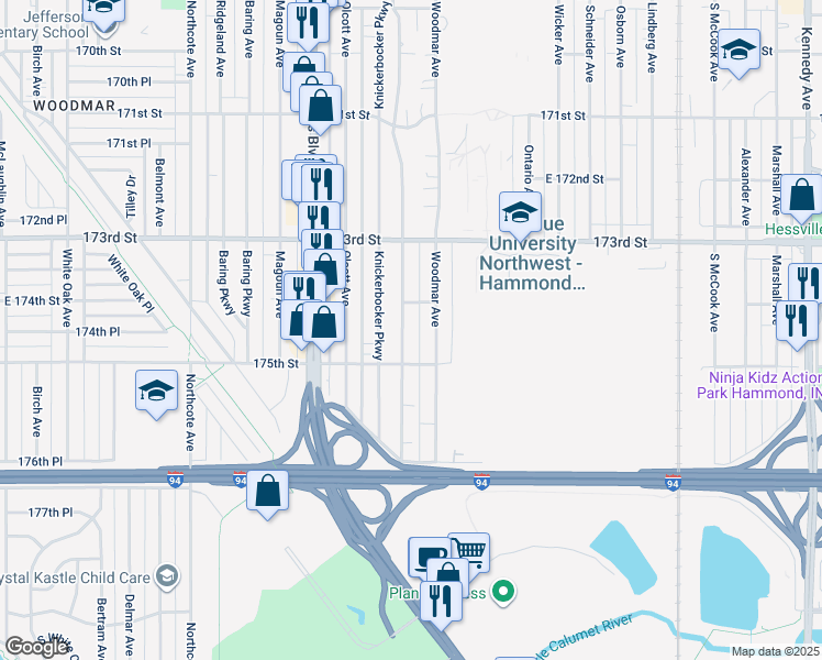 map of restaurants, bars, coffee shops, grocery stores, and more near 7425 Knickerbocker Parkway in Hammond