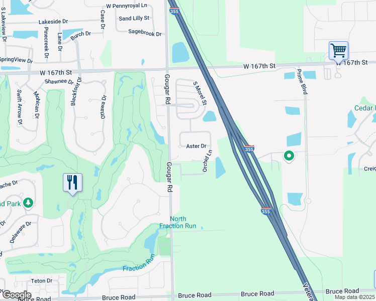 map of restaurants, bars, coffee shops, grocery stores, and more near 15931 Aster Drive in Lockport