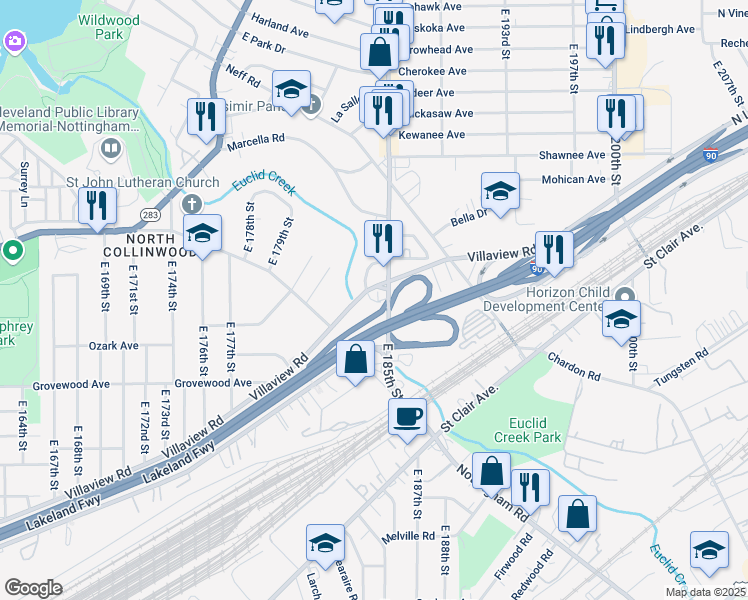 map of restaurants, bars, coffee shops, grocery stores, and more near 1063 Mozina Drive in Cleveland