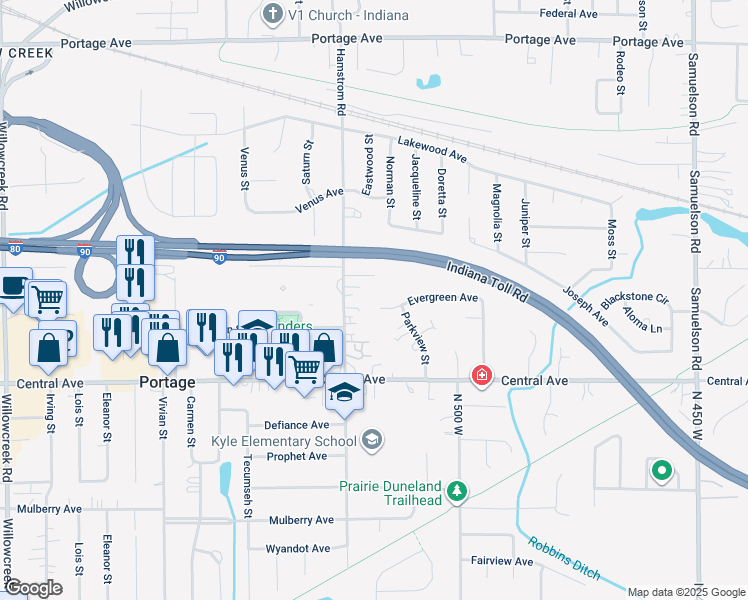 map of restaurants, bars, coffee shops, grocery stores, and more near 2413-2477 Hamstrom Road in Portage