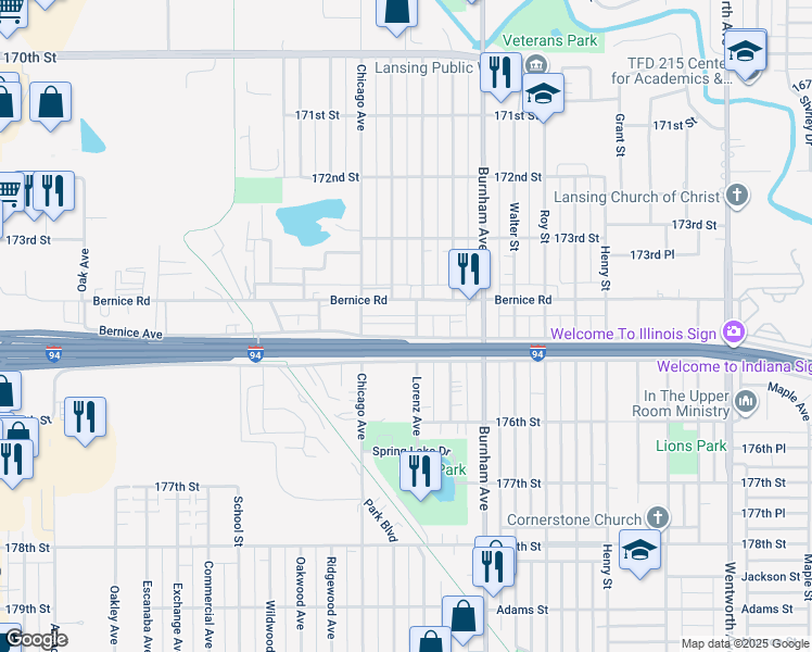 map of restaurants, bars, coffee shops, grocery stores, and more near 3038 Bernice Road in Lansing
