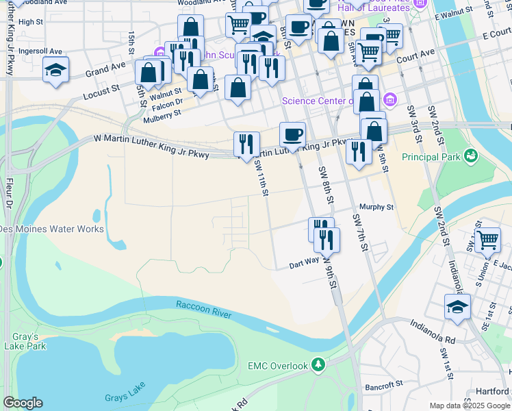 map of restaurants, bars, coffee shops, grocery stores, and more near 413 Southwest 12th Street in Des Moines