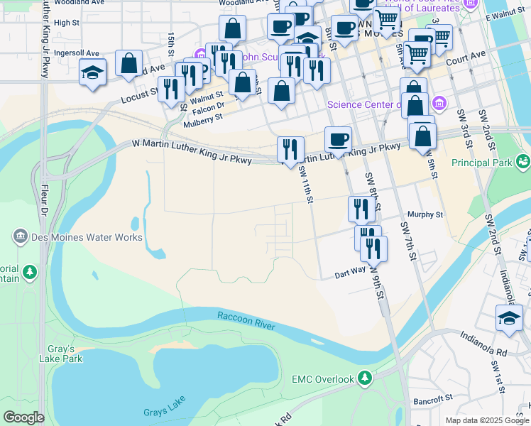 map of restaurants, bars, coffee shops, grocery stores, and more near 411 Southwest 12th Street in Des Moines