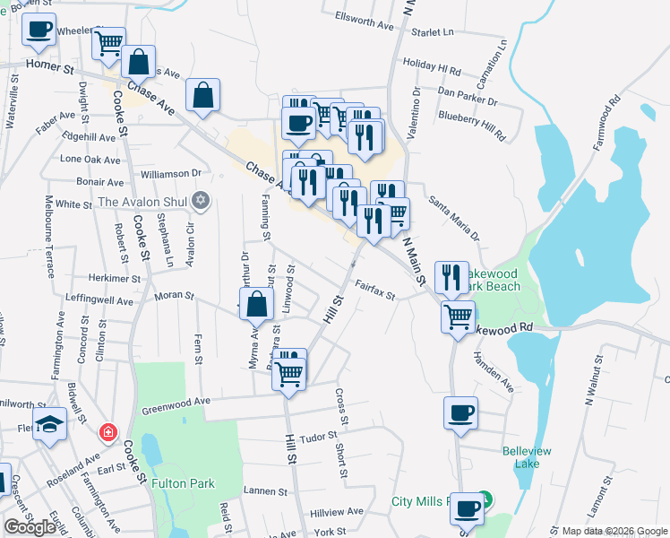 map of restaurants, bars, coffee shops, grocery stores, and more near 23 Lonsdale Street in Waterbury