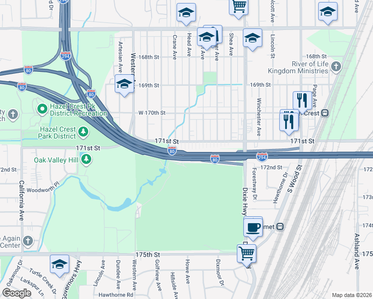 map of restaurants, bars, coffee shops, grocery stores, and more near 2213 171st Street in Hazel Crest