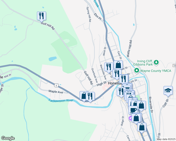 map of restaurants, bars, coffee shops, grocery stores, and more near 101 Golf Hill Rd in Honesdale