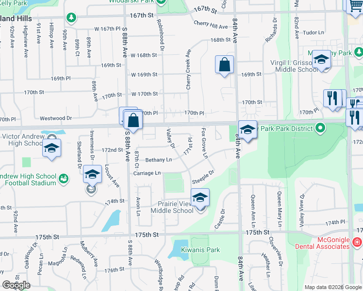 map of restaurants, bars, coffee shops, grocery stores, and more near 17149 Valley Drive in Tinley Park