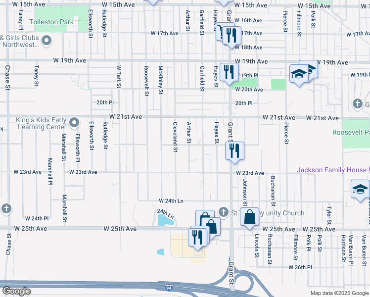 map of restaurants, bars, coffee shops, grocery stores, and more near 2208 Arthur Street in Gary