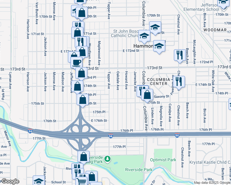 map of restaurants, bars, coffee shops, grocery stores, and more near 7414 Oakdale Avenue in Hammond