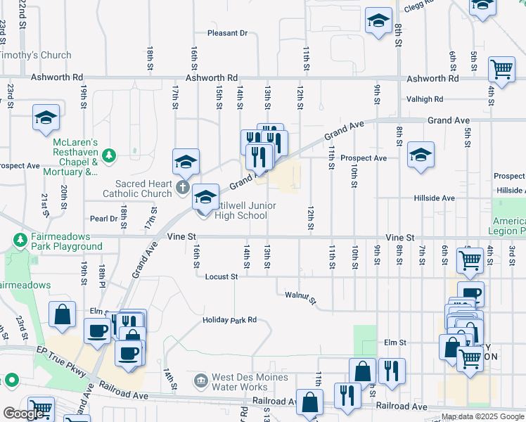 map of restaurants, bars, coffee shops, grocery stores, and more near 624 13th Street in West Des Moines