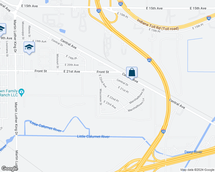 map of restaurants, bars, coffee shops, grocery stores, and more near 2522 East 22nd Avenue in Gary