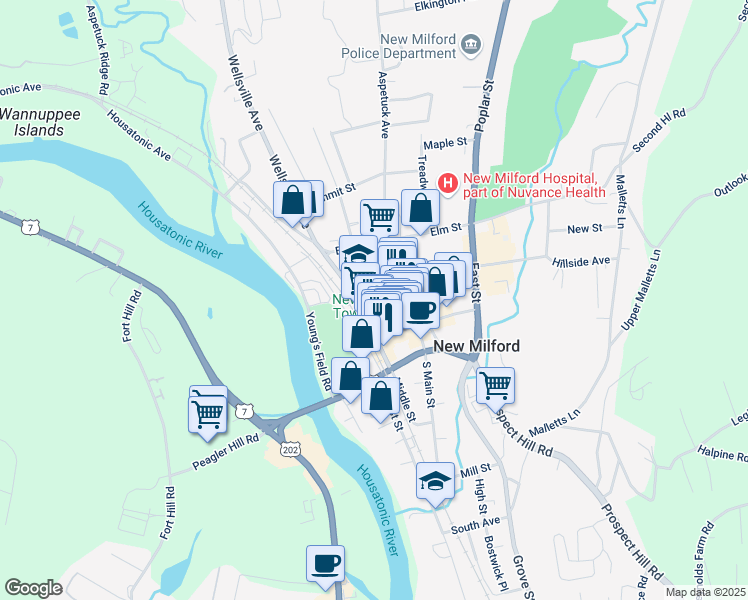 map of restaurants, bars, coffee shops, grocery stores, and more near 88 Railroad Street in New Milford