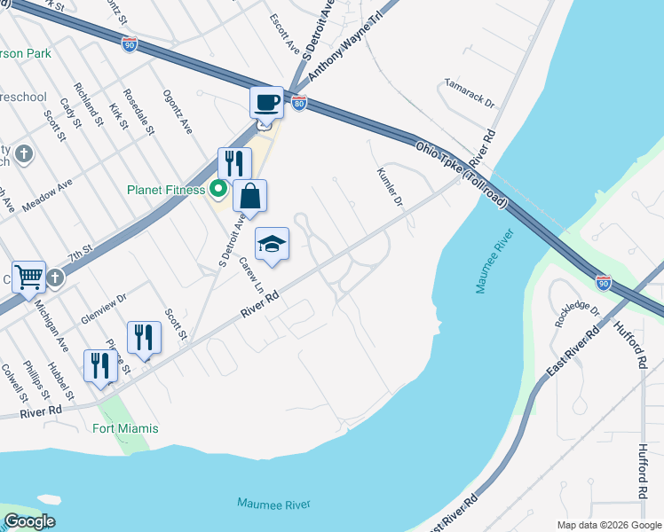 map of restaurants, bars, coffee shops, grocery stores, and more near 2612 River Road in Maumee