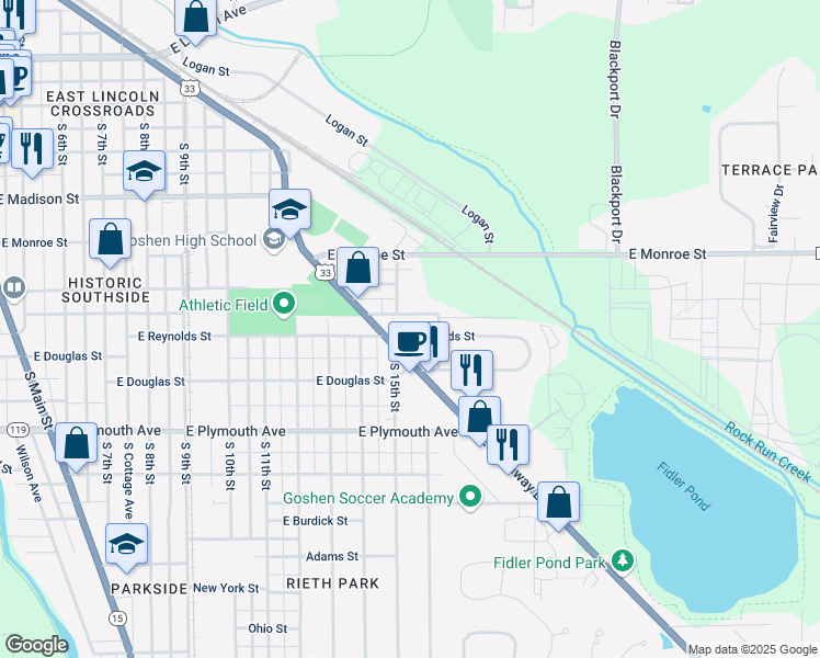 map of restaurants, bars, coffee shops, grocery stores, and more near 1207 East Reynolds Street in Goshen