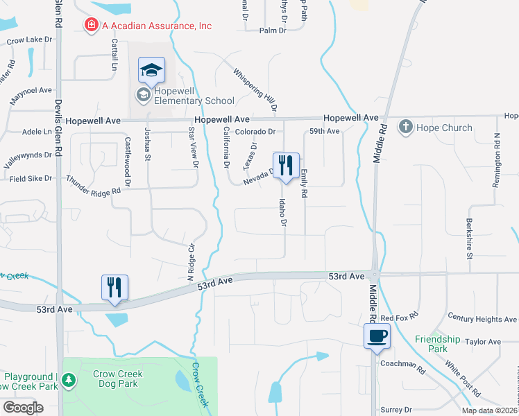 map of restaurants, bars, coffee shops, grocery stores, and more near Happiness Lane in Bettendorf