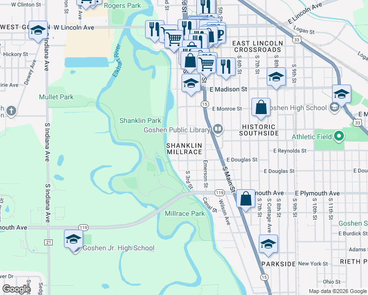 map of restaurants, bars, coffee shops, grocery stores, and more near 617 South 3rd Street in Goshen