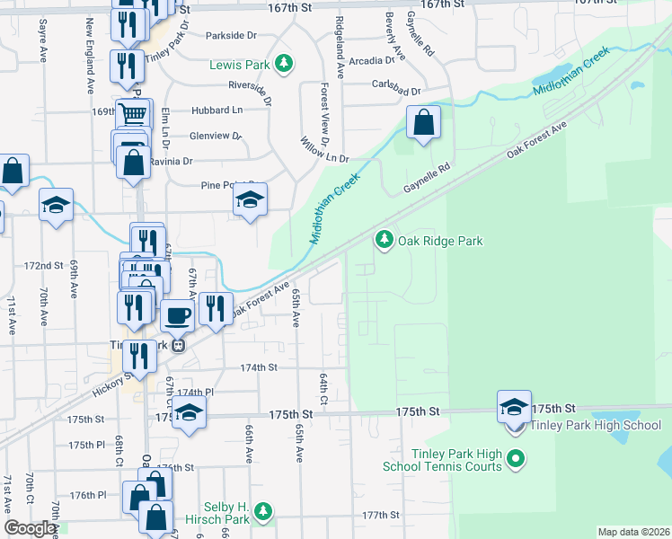 map of restaurants, bars, coffee shops, grocery stores, and more near 17206 Ridgeland Avenue in Tinley Park
