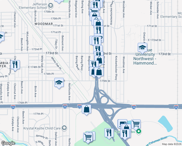 map of restaurants, bars, coffee shops, grocery stores, and more near 7430 Indianapolis Boulevard in Hammond