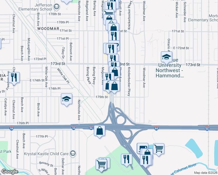 map of restaurants, bars, coffee shops, grocery stores, and more near 7430 Indianapolis Boulevard in Hammond