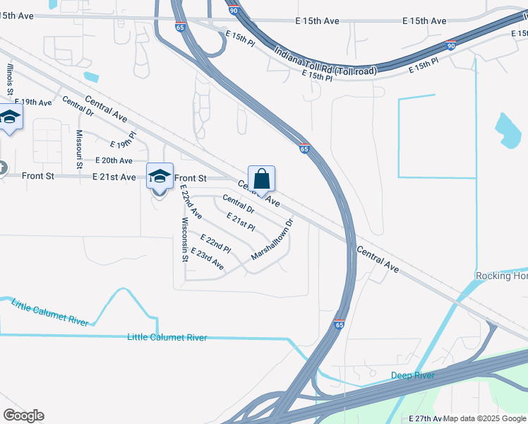 map of restaurants, bars, coffee shops, grocery stores, and more near 2824 Central Drive in Gary