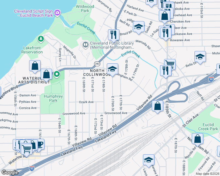 map of restaurants, bars, coffee shops, grocery stores, and more near 1076 East 176th Street in Cleveland