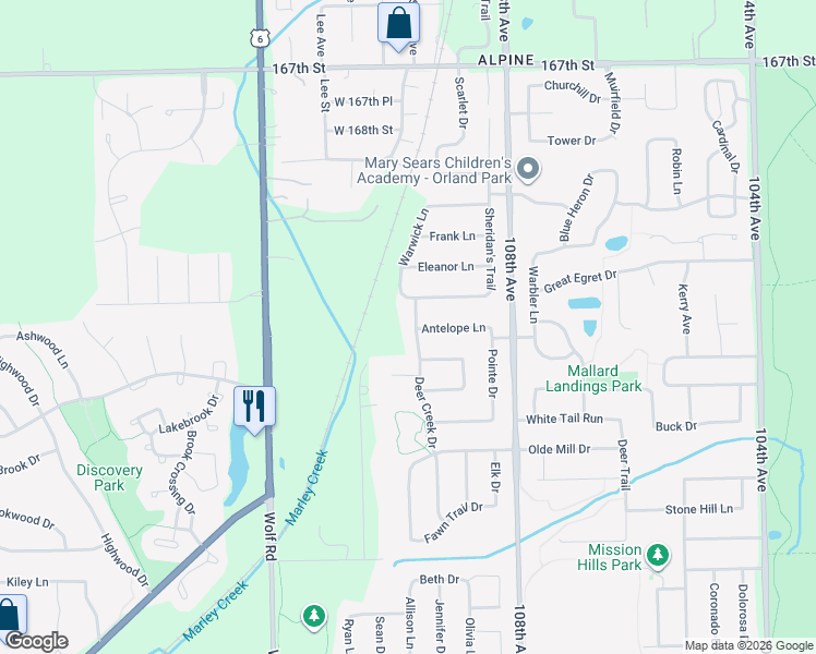 map of restaurants, bars, coffee shops, grocery stores, and more near 17122 Deer Creek Drive in Orland Park