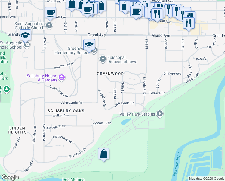 map of restaurants, bars, coffee shops, grocery stores, and more near 100 35th Street in Des Moines