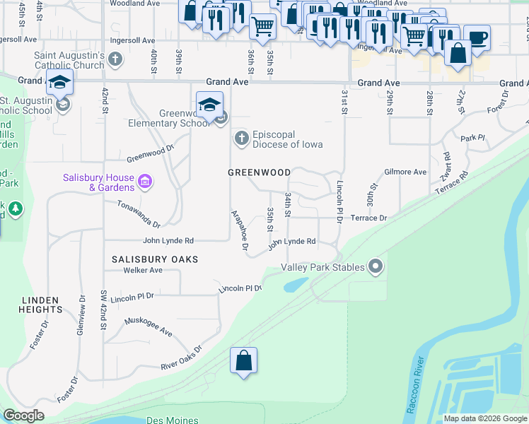 map of restaurants, bars, coffee shops, grocery stores, and more near 100 35th Street in Des Moines