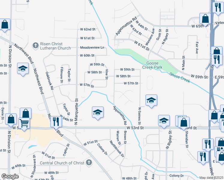 map of restaurants, bars, coffee shops, grocery stores, and more near 828 North Meadows Court in Davenport