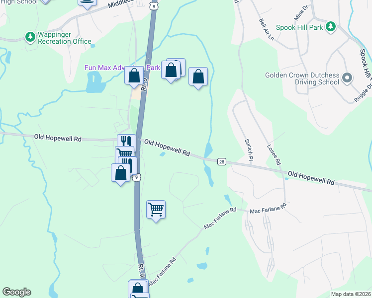 map of restaurants, bars, coffee shops, grocery stores, and more near 217 Old Hopewell Road in Wappingers Falls