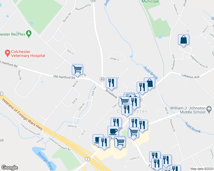 map of restaurants, bars, coffee shops, grocery stores, and more near 136 Broadway Street in Colchester