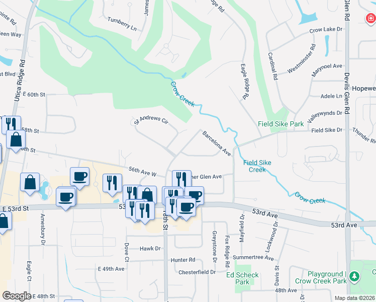 map of restaurants, bars, coffee shops, grocery stores, and more near 2550 Buckingham Avenue in Bettendorf