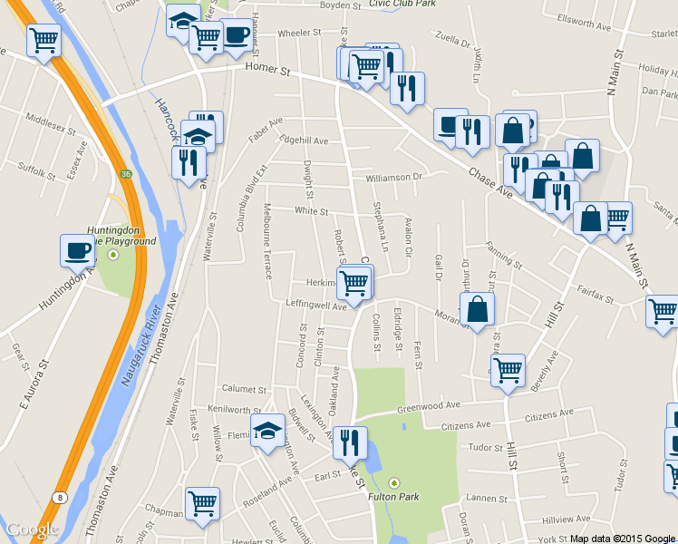 map of restaurants, bars, coffee shops, grocery stores, and more near 21 Robert Street in Waterbury
