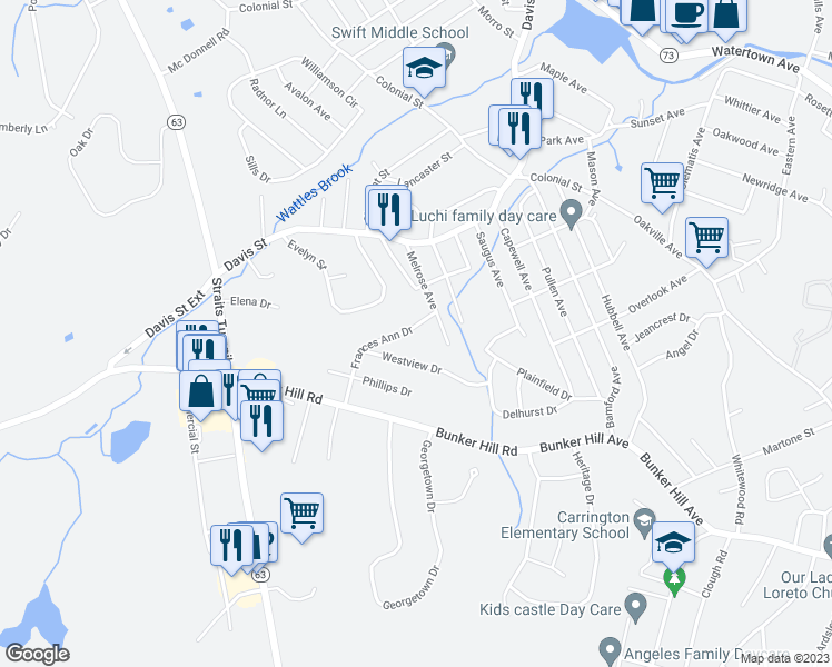map of restaurants, bars, coffee shops, grocery stores, and more near 29 Frances Ann Drive in Watertown