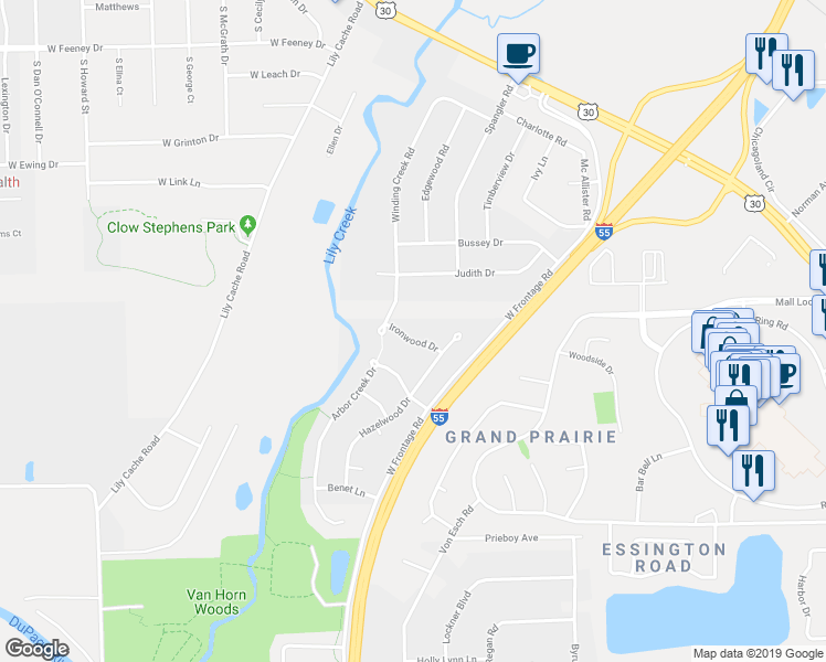 map of restaurants, bars, coffee shops, grocery stores, and more near 23046 Ironwood Drive in Plainfield